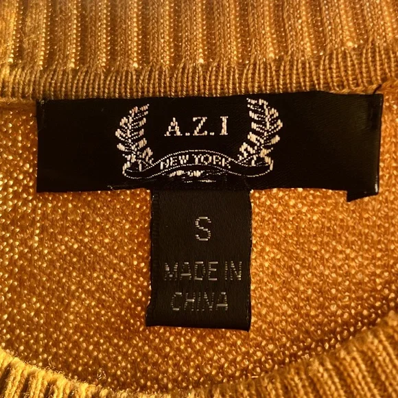 🆕 AZI New York Mustard Gold Chain-Neck Puff Sleeve 100% Cotton Sweater Size S - Picture 13 of 16